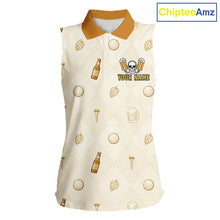 Load image into Gallery viewer, front view of Born To Golf Forced To Work womens sleeveless golf polo with beer argyle pattern