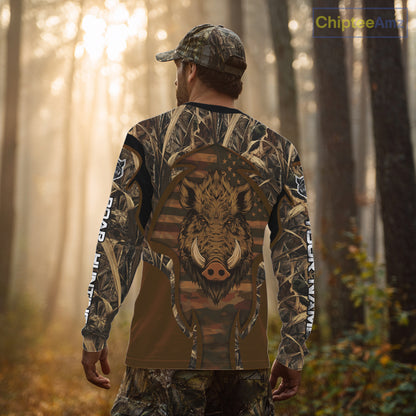 Personalized Wild Boar Hunting Brown Camo US Flag Printed Shirts, Hunting Gifts NBT235