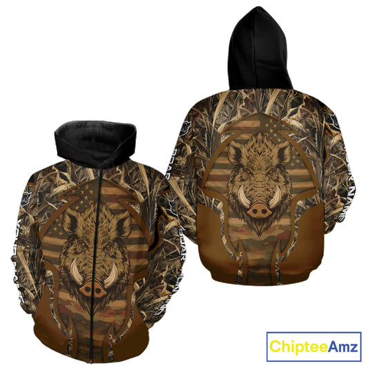 Personalized Wild Boar Hunting Brown Camo US Flag Printed Shirts, Hunting Gifts NBT235
