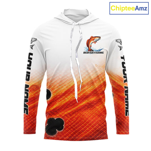 Redfish Fishing Scales Custom Name UV Protection Long Sleeve Hooded Fishing Shirts NBT514