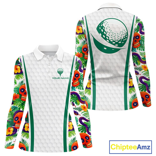 Funny Golf Skull Tropical Pattern Golf Polo Shirt Custom Name Golf Shirts For Womens NBT519
