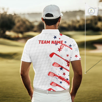 Man on a golf course wearing a white polo shirt with 'Team Name' printed on the back.