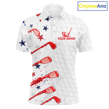 Load image into Gallery viewer, White polo shirt with red and blue graphics and 'Your Name' text on a white background, branded with ChipteeAmz.