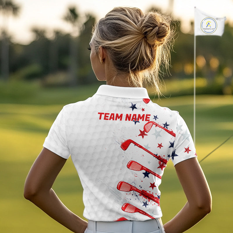 Person wearing a white polo shirt with 'TEAM NAME' on the back, standing on a golf course.