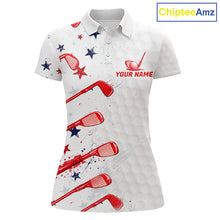 Load image into Gallery viewer, White polo shirt with red and blue golf design on a white background
