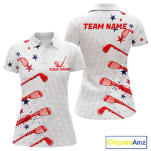 Load image into Gallery viewer, White polo shirt with red and blue designs and 'Your Name' 'Team Name' text