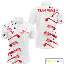 Load image into Gallery viewer, White polo shirt with red golf club and star pattern, customizable text, and Chiptee Amz branding.