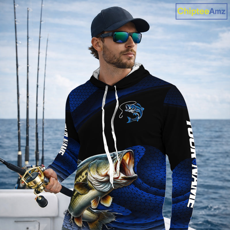 Angler wearing personalized camo bass long sleeve hooded fishing shirt on a boat