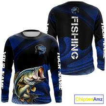 Load image into Gallery viewer, Front and back view of Custom Blue Camo Bass Fishing Shirt Long Sleeve with Personalized Name on Sleeves 