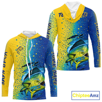 Front and back view of custom Mahi Mahi saltwater fishing hooded long sleeve UV protection with personalized name