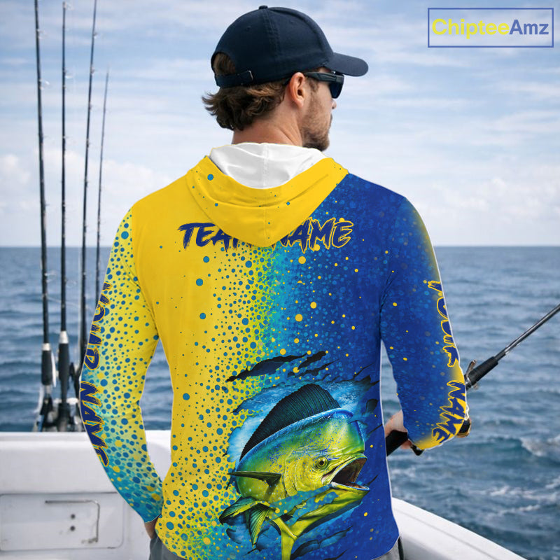 Fisherman on the water wearing Mahi Mahi long sleeve hooded UV protection shirt with personalized name