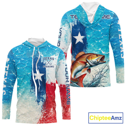 Front and back view of Texas Redfish Fishing ocean camo hooded shirt with Texas flag design.