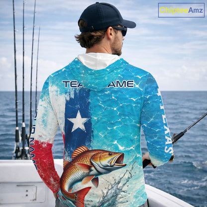 Angler wearing Texas Bass Fishing Long Sleeve Hooded Fishing Shirt with personalized name 
