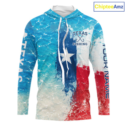 Front view of Texas Redfish Fishing ocean camo hooded shirt with Texas flag design