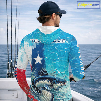 Angler wearing Texas Catfish Fishing Long Sleeve Hooded Fishing Shirt with personalized name - Chipteeamz 