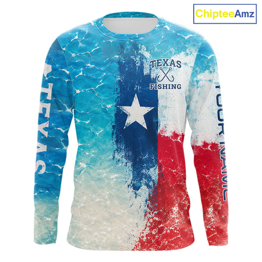 Texas Slam Fishing Texas Flag, Blue Sea Wave Ocean Camo Texas Slam Long Sleeve Fishing Shirts NBT869