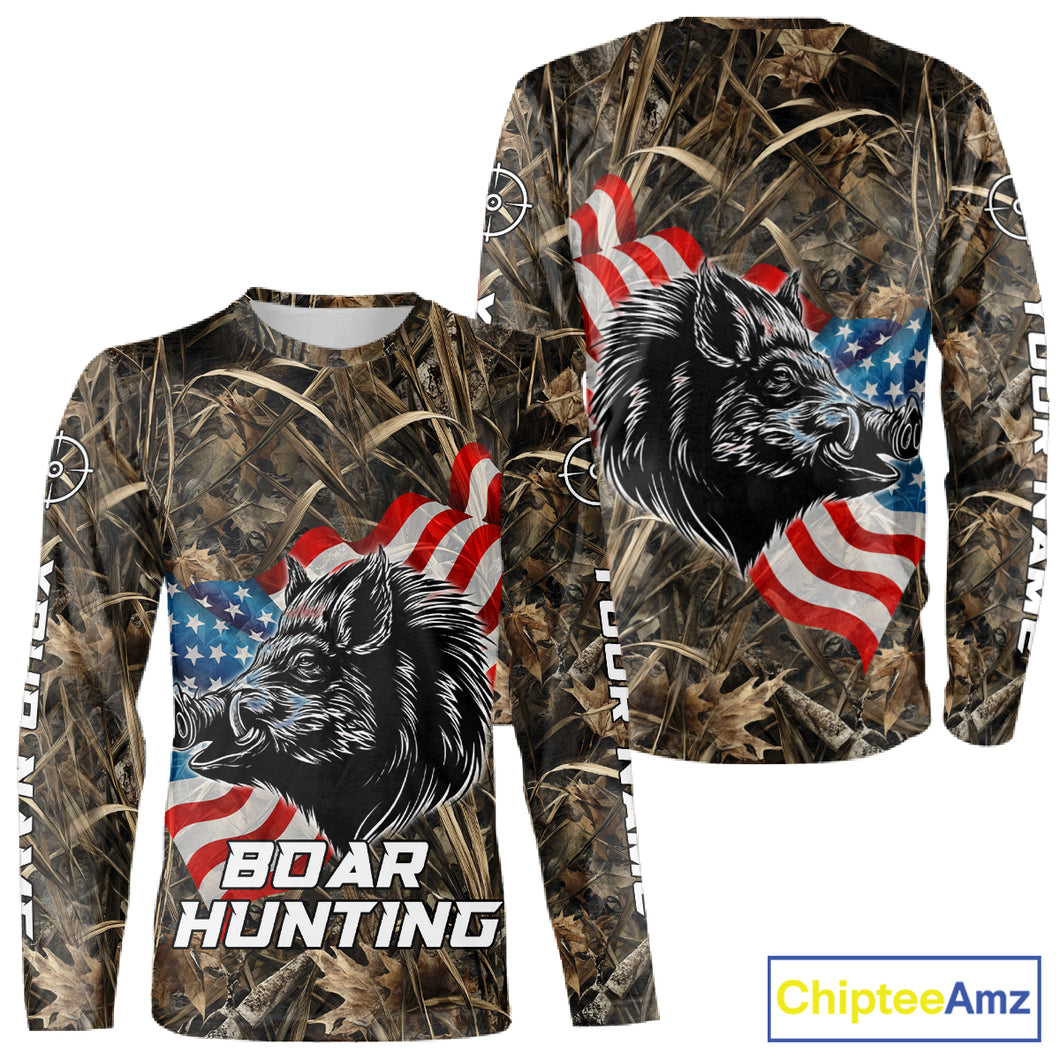 Custom Wild Boar Hunting Camo Full Printing US Flag Shirts Boar Hunting Gifts for Hunters NBT257