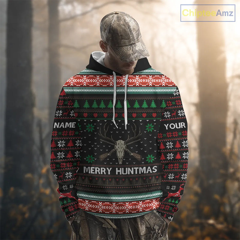 Merry Huntmas Deer Hunting Skull Custom Name Ugly Christmas All Over Printed Shirts, Christmas Gift NBT299