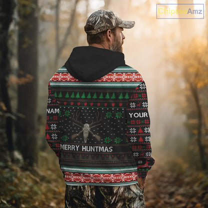 Merry Huntmas Deer Hunting Skull Custom Name Ugly Christmas All Over Printed Shirts, Christmas Gift NBT299