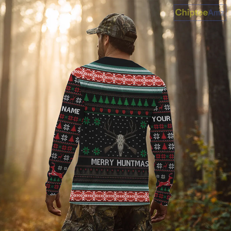 Merry Huntmas Deer Hunting Skull Custom Name Ugly Christmas All Over Printed Shirts, Christmas Gift NBT299