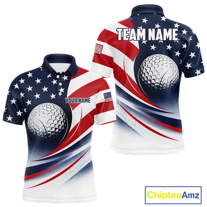 Front and back views of a America 250th anniversary golf polo shirt, chest name text, and team name on the back.