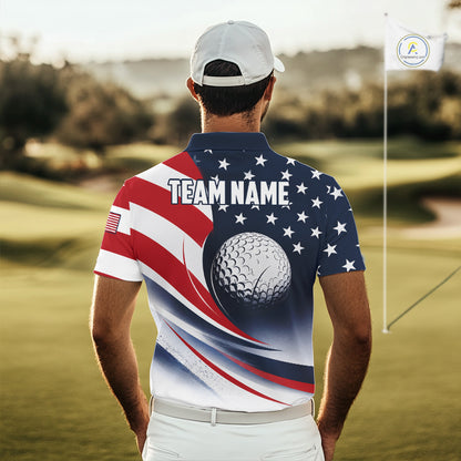 A golfer man in a golf course wearing a America 250th anniversary golf polo shirt with “Team Name” on the back.