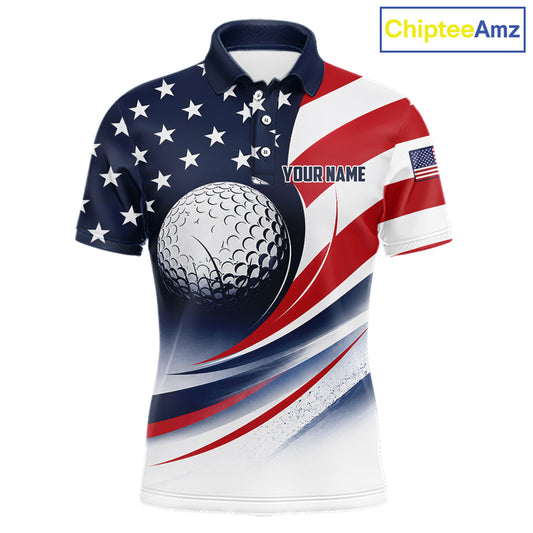 A blue, red, white America 250th Anniversary golf polo shirt displayed in front views, featuring personalized name designs.