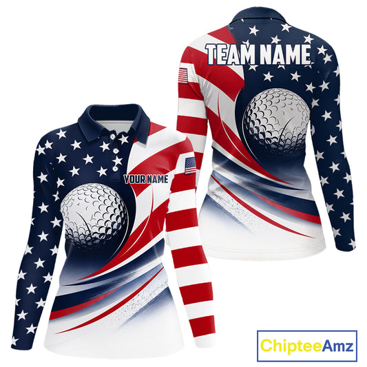 Front and back views of a womens America flag patriotic golf polo shirt, name text on the chest and team name on the back.