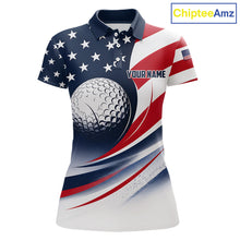 Load image into Gallery viewer, Front views of a womens America 250th anniversary golf polo shirt, name text on the chest.
