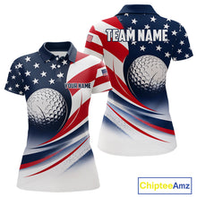 Load image into Gallery viewer, Front and back views of a womens America 250th anniversary golf polo shirt, name text on the chest and team name on the back.