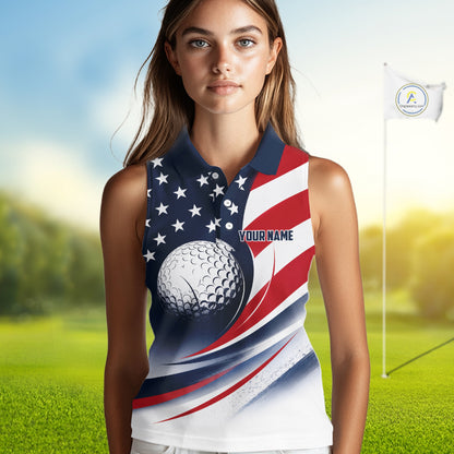A woman wearing an American flag patriotic sleeveless golf polo shirt with “Your Name” on the chest.