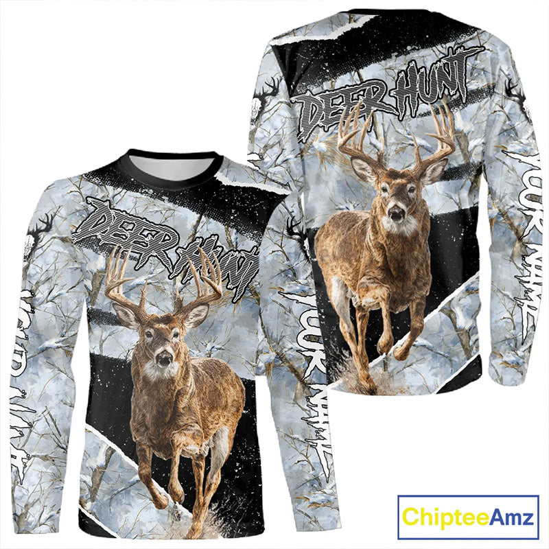 Winter Whitetail Deer Camo Customize Name 3D Printed Long Sleeve Hunting Shirts for Men NBT260
