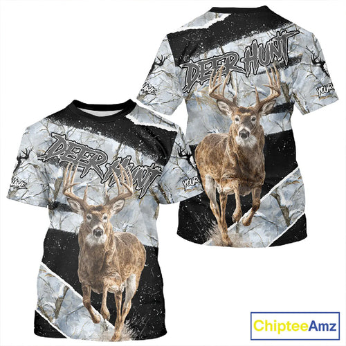 Winter Whitetail Deer Camo Customize Name 3D Printed Long Sleeve Hunting Shirts for Men, Hunting Gifts NBT260