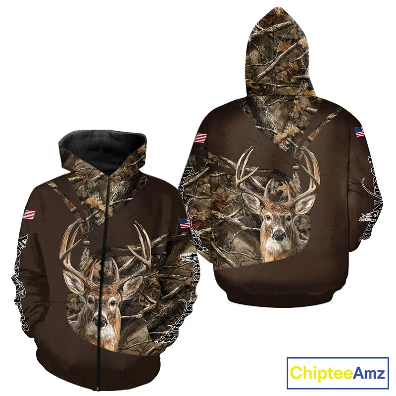 Deer Hunting Big Game Brown Camo US Flag Custom Name 3D All Over Print Shirts, Hunting Gifts NBT263