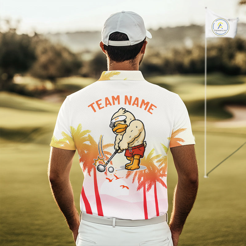 Man wearing a golf shirt with a funny duck and 'Team Name' text on a golf course.