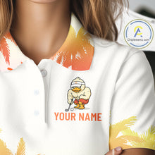 Load image into Gallery viewer, Close-up of funny duck golf polo shirt collar and buttons with custom name on the chest