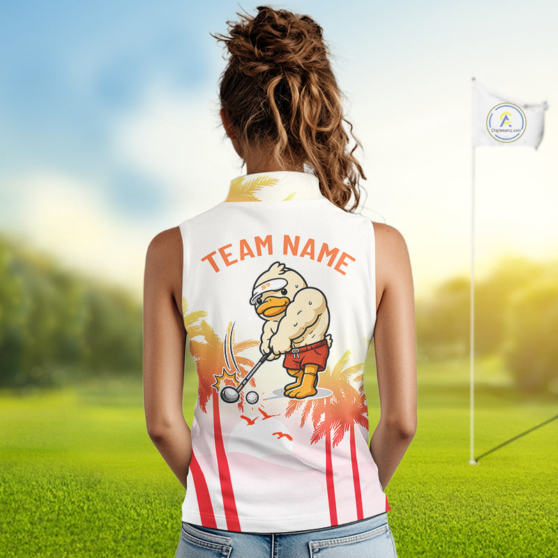 Woman wearing a Funny duck mens golf polo with tropical sunset background sporty animal design and 'Team Name' text on the back, standing on a golf course.