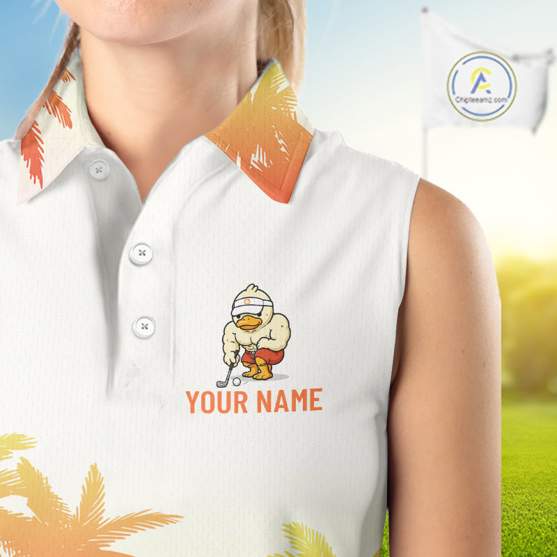 Close-up of funny duck and tropical sunset print on womens sleeveless golf polo shirt