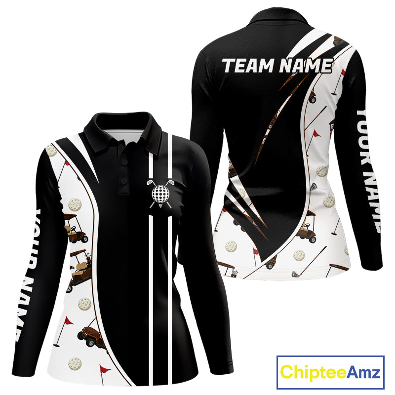 Front view of personalized long sleeve golf polo shirt for women with golf cart pattern