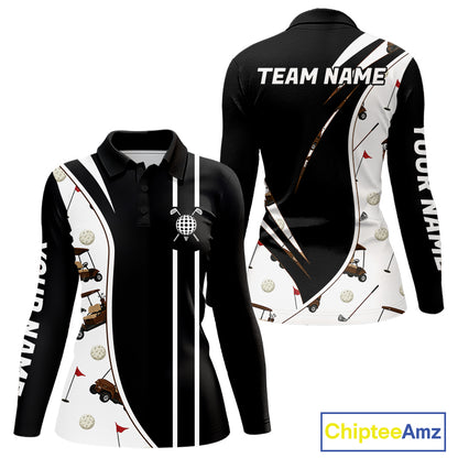 Front view of personalized long sleeve golf polo shirt for women with golf cart pattern