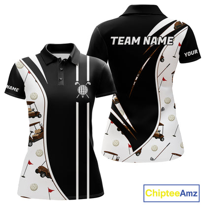 Front and back view of personalized golf polo shirt for men with golf cart pattern and personalized name