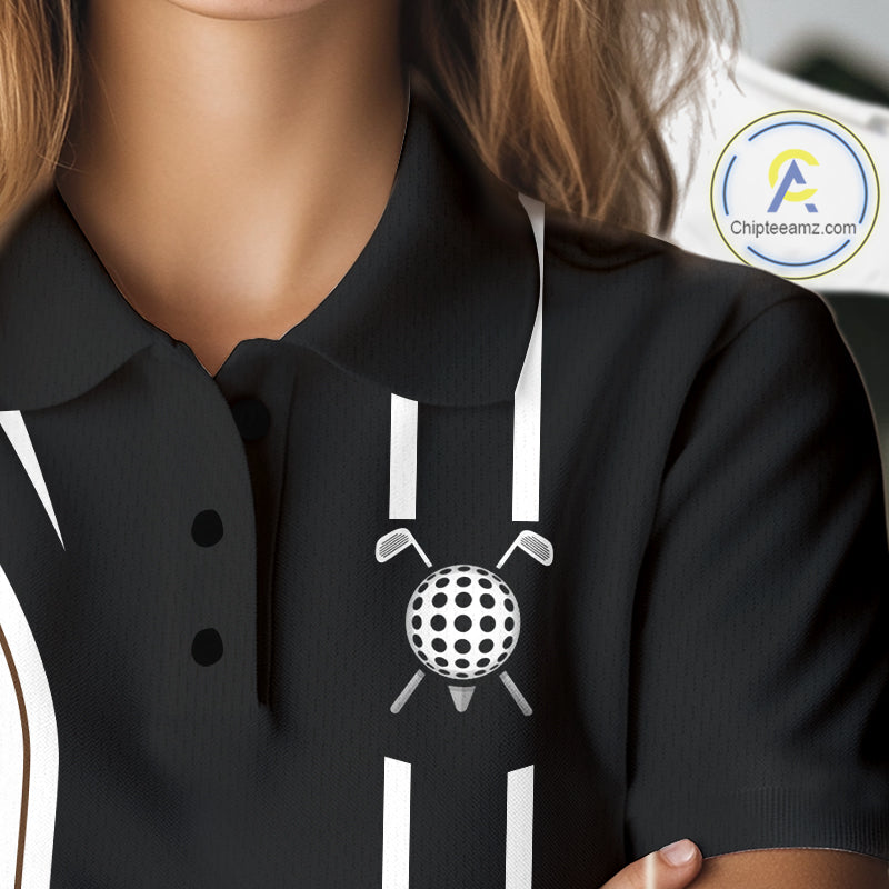 Close-up of golf cart graphic on personalized golf polo shirt for women