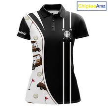 Load image into Gallery viewer, Front view of personalized golf polo shirt for women with golf cart pattern
