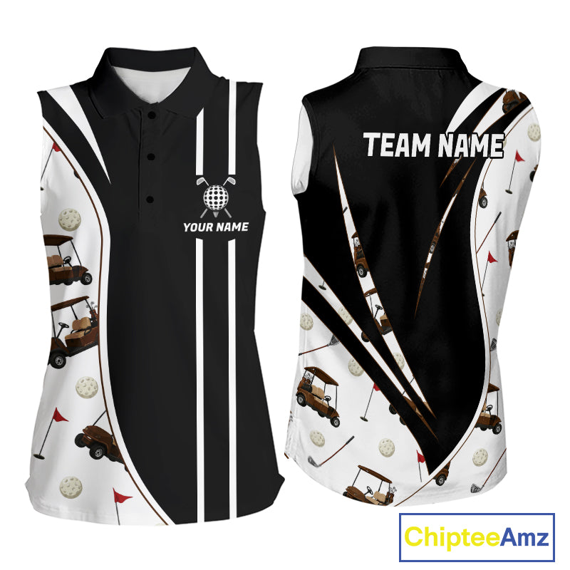 Front and back view of personalized sleeveless golf polo shirt for women with golf cart pattern and personalized name