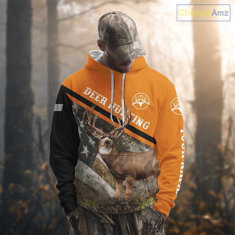 Deer Hunting Orange Camo American Flag 3D Shirt Custom Name Perfect Gift for Hunters NBT266