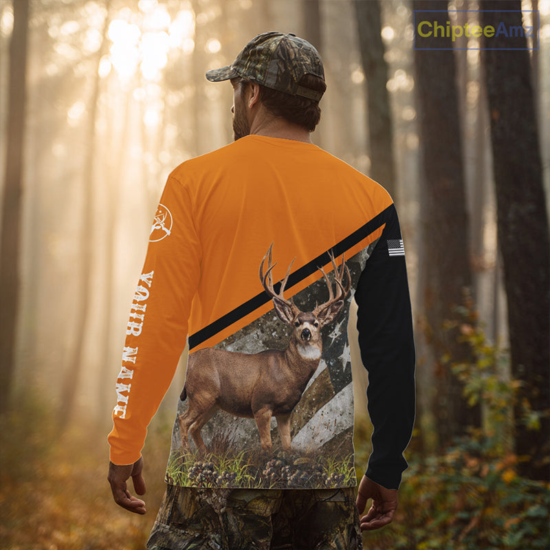Deer Hunting Orange Camo American Flag 3D Shirt Custom Name Perfect Gift for Hunters NBT266