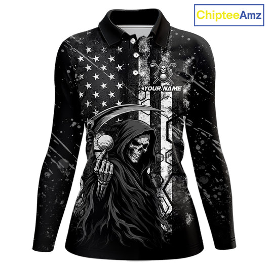 Custom Black And White American Flag Skull Reaper Womens Golf Polo Shirt, Team Golf Shirts NBT881
