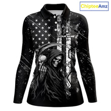 Load image into Gallery viewer, Custom Black And White American Flag Skull Reaper Womens Golf Polo Shirt, Team Golf Shirts NBT881