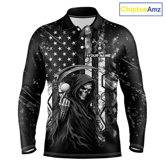 Custom Black And White American Flag Skull Reaper Mens Golf Polo Shirt, Team Golf Shirts NBT881