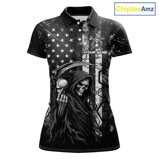 Front view of custom black and white American flag skull reaper womens golf polo shirt